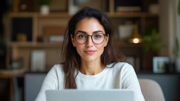 A woman in glasses is looking at the camera while using a laptop photo