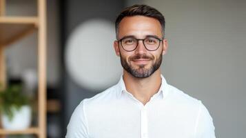Portrait of a handsome man with glasses and beard in office photo