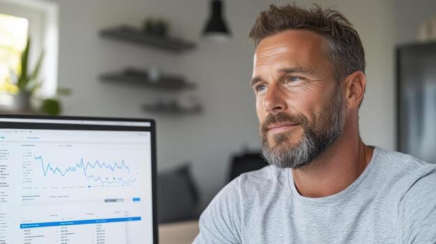 un hombre con un barba sentado en frente de un computadora pantalla con gráficos en eso foto
