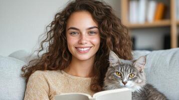 A woman is sitting on a couch with a cat and a book photo