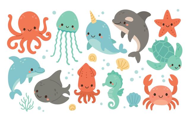 Group of cute ocean animals including dolphin, squid, crab, and narwhal, designed for colorful marine wildlife collections and playful aquatic scenes