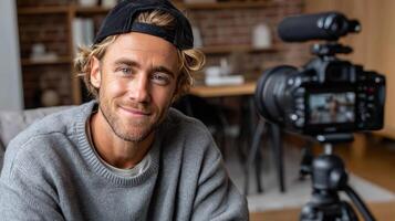 A man is smiling while sitting in front of a camera photo