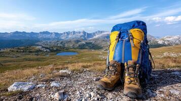 Hiking boots and backpack on the mountain top photo