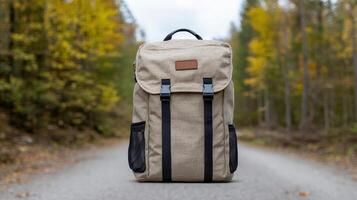 A backpack sitting on the side of a road photo
