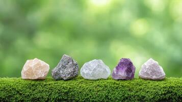 Five different colored rocks on a green grass photo
