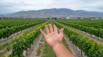 A hand reaching out to touch a vineyard photo