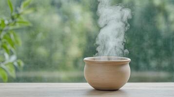 Steam coming out of a ceramic cup on a wooden table photo