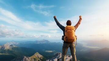 Man with backpack on top of mountain with arms raised photo