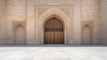 An empty room with a large door and arches photo