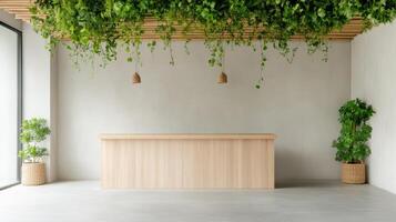 An empty office with plants hanging from the ceiling photo