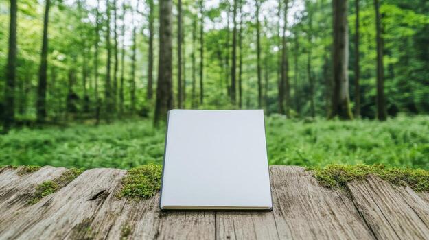 An open book on a wooden table in the middle of a green forest photo