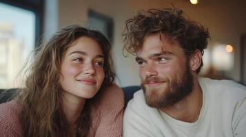 A man and woman are smiling while sitting on a couch photo