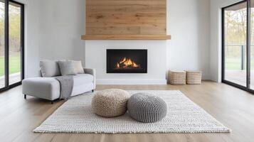 A modern living room with a fireplace and wood flooring photo