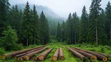Logs in a forest with trees and fog photo