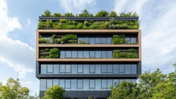 Modern office building with green roof and trees photo