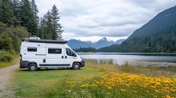 A camper van parked on the side of a lake photo