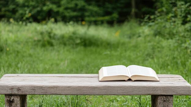 A wooden bench with an open book on it photo