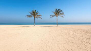 Two palm trees stand on the beach in front of the ocean photo