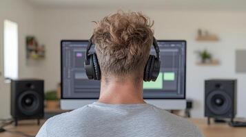 A man wearing headphones sits in front of a computer photo