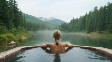 A woman sitting in a hot tub in front of a mountain lake photo