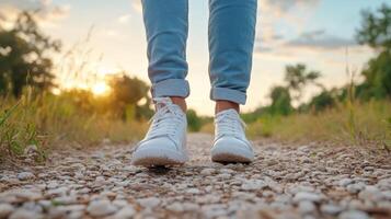 A person walking on a gravel road at sunset photo