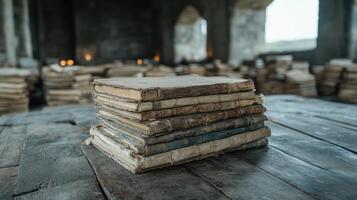 A stack of old books sitting on top of a wooden table photo