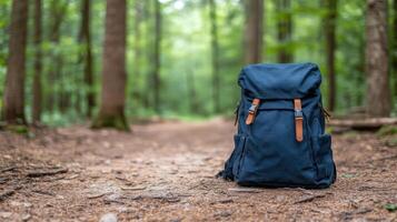 A backpack is sitting on the ground in the woods photo