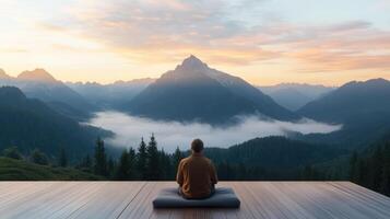 A person sitting in meditation in front of a mountain range photo