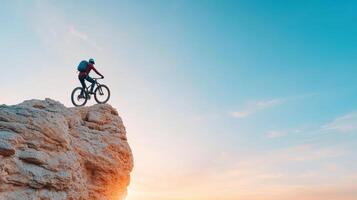 A man on a mountain bike standing on top of a cliff photo