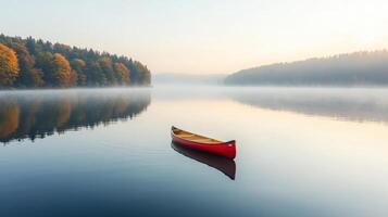 A red canoe floating on a calm lake in the morning photo