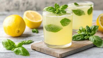 Two glasses of lemonade with mint leaves on a wooden cutting board photo