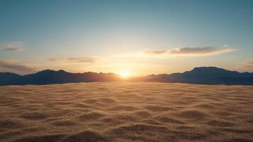 Desert landscape with mountains and sun rising over the horizon photo