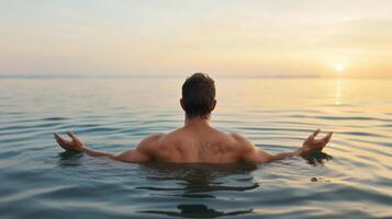 A man sitting in the water with his hands outstretched photo