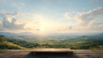A wooden bench overlooking the mountains at sunset photo