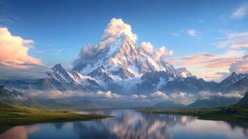 A mountain range with a lake and clouds photo