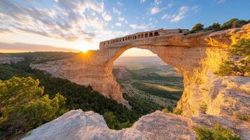 Sunrise over the arch at the edge of the canyon - stock photo - images