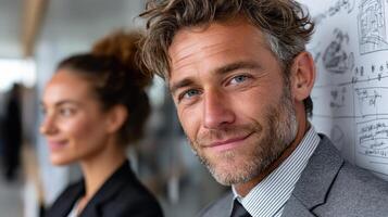 A man and woman in business attire standing next to each other photo