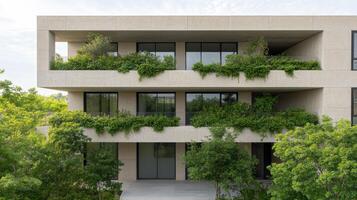 A modern apartment building with plants growing on the balconies photo