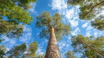 Tall pine trees in a forest with blue sky photo