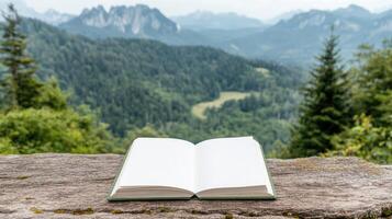 Open book on a rock in the mountains photo