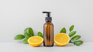 Orange and green leaves with bottle of essential oil on white background photo