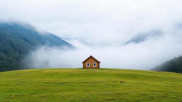 pequeño casa en un colina en el medio de un campo con montañas en el antecedentes foto