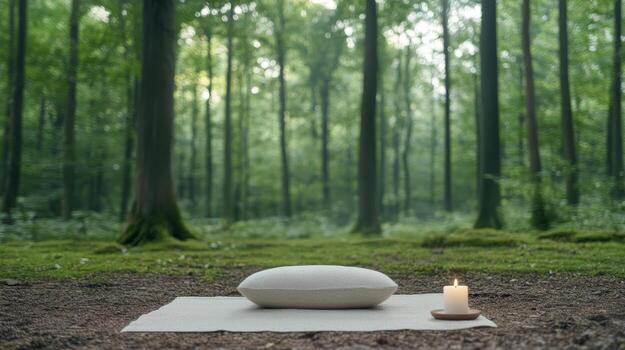 A white pillow on a mat in the middle of a forest photo
