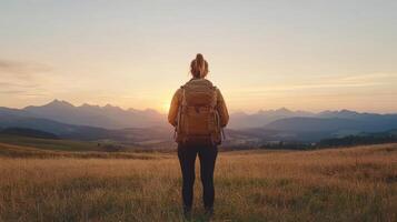 A person with a backpack standing in a field at sunset photo