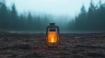 A lantern in the middle of a foggy forest photo