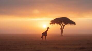 A giraffe stands in the middle of a field at sunrise photo