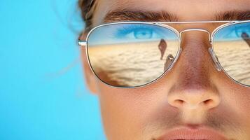 A woman wearing sunglasses with a reflection of the beach photo