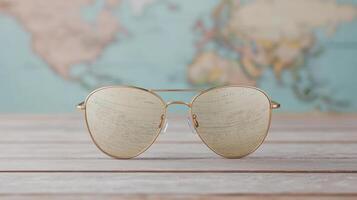 Gold aviator sunglasses on a wooden table with a map of the world photo
