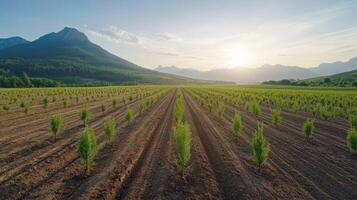 A field of young trees growing in the mountains photo