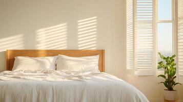 A bed with white sheets and a plant in front of a window photo